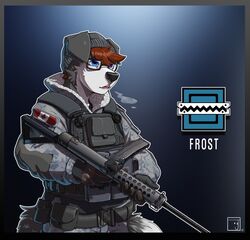  anthro blue_byte_(game_developer) blue_eyes border_collie breath canada canadian_flag canid canine canis collie domestic_dog eyewear frost_(rainbow_six) glasses gun hair herding_dog hi_res jaxxy_fur kambo male mammal maple_leaf military_clothing mk1_smg pastoral_dog rainbow_six rainbow_six:_siege ranged_weapon red_hair sheepdog solo tom_clancy&#039;s_(series) ubisoft weapon 