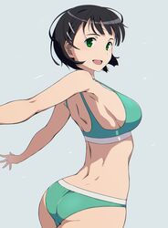  alternate_eye_color aqua_bikini ass bikini black_hair bob_cut breasts commentary_request cowboy_shot female foreshortening green_eyes green_sports_bra hair_ornament hairclip kirigaya_suguha large_breasts outstretched_arms puge short_hair solo sports_bikini sports_bra swimsuit sword_art_online 