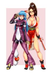  2girls absurdres adjusting_eyewear ankle_boots bare_shoulders black-framed_eyewear bodysuit boots breasts chaps closed_mouth collarbone commentary_request dead_or_alive dead_or_alive_6 fatal_fury fingernails floral_print full_body glasses gloves hair_ornament hand_fan hand_up high_ponytail highres hiroyama_(hpzg5374) holding japanese_clothes kula_diamond large_breasts lips long_hair long_sleeves looking_at_viewer multiple_girls ninja obi open_mouth parted_bangs pelvic_curtain ponytail red-framed_eyewear rope sash shiny_skin shiranui_mai simple_background sleeveless small_breasts smile standing the_king_of_fighters thighs turtleneck zipper 