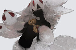  animal_ears bad_id bad_pixiv_id black_skin body_fur brown_eyes claws closed_mouth colored_skin extra_arms faputa female fewer_digits highres horns looking_at_viewer made_in_abyss monster_girl multiple_horns nekosuke_(oxo) red_horns revision simple_background solo standing white_background white_fur white_hair 