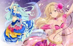  2girls ahoge arm_up black_ribbon blonde_hair blue_hair blue_nails blue_skirt bra breasts cleavage collarbone dancer dancing djeeta_(granblue_fantasy) floating_hair flower granblue_fantasy groin hair_bun hair_flower hair_ornament hair_ribbon highres layered_skirt long_hair long_skirt lyria_(granblue_fantasy) medium_breasts midriff multiple_girls nail_polish navel outstretched_arms pink_bra pink_flower pochi-a red_flower ribbon sash single_hair_bun skirt small_breasts stomach toenail_polish toenails underwear very_long_hair 