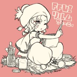  art_brush bare_shoulders cape copyright_name female final_fantasy final_fantasy_vi flat_chest full_body hat jewelry knife monochrome one_eye_closed open_mouth paintbrush relm_arrowny short_hair simple_background solo strapless sunagimo_(nagimo) 