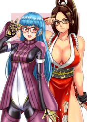  2girls absurdres adjusting_eyewear bare_shoulders black-framed_eyewear blush bodysuit breasts closed_mouth collarbone commentary_request dead_or_alive dead_or_alive_6 fatal_fury floral_print glasses gloves hair_ornament hand_up highres hiroyama_(hpzg5374) japanese_clothes kula_diamond large_breasts lips long_hair long_sleeves looking_at_viewer multiple_girls ninja obi open_mouth ponytail red-framed_eyewear rope sash shiny_skin shiranui_mai simple_background sleeveless small_breasts smile the_king_of_fighters thighs turtleneck zipper 