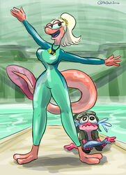  2020 amphibia_(series) amphibian anthro aquarium blonde_hair bodily_fluids bodysuit breasts clothed clothing crying disney duo female fish frog hair hat headgear headwear hi_res long_hair male marine newt open_mouth pink_body pink_skin ponytail red_body red_skin salamander skinsuit sprig_plantar tail tears thedarkzircon tight_clothing vivarium water wetsuit 