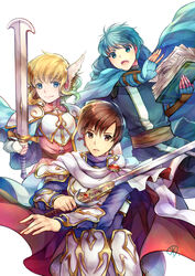  2boys armor asbel_(fire_emblem) belt black_pants blonde_hair blue_cape blue_eyes blue_gloves blue_skirt blue_tunic book bracer breastplate brown_belt brown_eyes brown_hair brown_sash cape commentary_request female fingerless_gloves fire_emblem fire_emblem:_thracia_776 gloves hair_between_eyes highres holding holding_book holding_sword holding_weapon lands_sword leif_(fire_emblem) light_brand looking_at_viewer miniskirt multiple_boys nanna_(fire_emblem) open_mouth pants parted_lips pauldrons pink_shirt purple_shirt sash shield shirt short_hair shoulder_armor simple_background skirt smile sword tarayuki tunic upper_body weapon white_armor white_background white_gloves wing_hair_ornament 