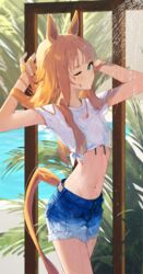  absurdres animal_ears animal_hair aqua_eyes commentary_request cowboy_shot denim denim_shorts female highres horse_ears horse_girl long_hair looking_at_viewer midriff navel ningen_gokko one_eye_closed orange_hair shirt short_sleeves shorts silence_suzuka_(umamusume) solo standing stomach tail thighs tied_shirt umamusume white_shirt 