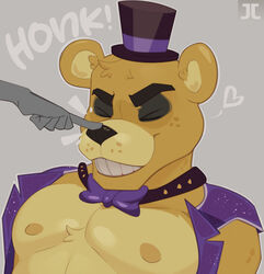  2023 anthro bear boop bow_tie closed_eyes clothing digital_media_(artwork) eyebrows fingers five_nights_at_freddy&#039;s fredbear_(fnaf) fur hat headgear headwear hi_res jumpy_jackal male mammal nipples nose_boop pecs reaction_image scottgames smile top_hat yellow_body yellow_fur 