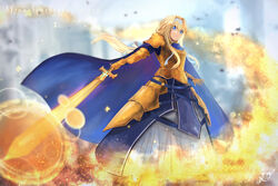  absurdres alice_zuberg armor armored_dress blonde_hair blue_cape blue_dress blue_eyes blurry blurry_background breastplate cape character_name dress energy faulds feet_out_of_frame female floating_hair gauntlets glowing glowing_sword glowing_weapon gold_armor hair_intakes hair_ribbon hairband highres hip_armor holding holding_sword holding_weapon knight long_dress long_hair magic magic_circle osmanthus_blade pauldrons ponytail ribbon shoulder_armor sidelocks signature solo standing sword sword_art_online sword_art_online:_alicization very_long_hair weapon white_hairband white_ribbon xyunx 