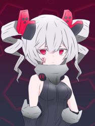  absurdres bodysuit breasts bronya_zaychik bronya_zaychik_(black_nucleus) closed_mouth drill_hair eyebrows_hidden_by_hair eyeshadow female grey_eyeshadow grey_hair highres honkai_(series) honkai_impact_3rd looking_at_viewer makeup red_eyes shippaidayo small_breasts solo twin_drills 