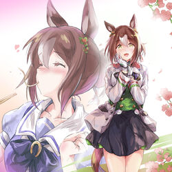  :d animal_ears black_skirt blush bow brown_hair chopsticks clenched_hand clover_hair_ornament collarbone commentary_request double_horizontal_stripe eating female fine_motion_(umamusume) flower food food_in_mouth green_eyes green_shirt hair_ornament hand_on_own_cheek hand_on_own_chest hand_on_own_face heart highres horse_ears horse_girl horse_tail jacket matsukura_nemu multicolored_hair multiple_views noodles petals purple_bow school_uniform serafuku shirt short_sleeves skirt smile tail tracen_school_uniform two-tone_hair umamusume white_hair white_jacket 