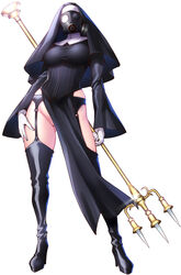  ass_visible_through_thighs boots breasts candelabra candlestand commentary_request corset dress female full_body garter_belt gas_mask glint gloves habit high_heel_boots high_heels holding holding_polearm holding_weapon improvised_weapon large_breasts long_sleeves mask no_panties nun original pelvic_curtain polearm shouji_nigou simple_background solo staff standing taut_clothes taut_dress thigh_boots thighhighs thighs veil weapon white_background white_gloves wide_sleeves 