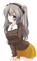  absurdres aikir_(jml5160) alternate_costume black_ribbon brown_eyes brown_jacket chi-hatan_military_uniform closed_mouth commentary cowboy_shot female girls_und_panzer hair_ribbon hand_on_own_arm head_tilt highres jacket light_brown_hair light_frown long_hair long_sleeves looking_at_viewer military military_uniform miniskirt one_side_up pleated_skirt ribbon shimada_arisu simple_background skirt solo standing uniform white_background yellow_skirt 