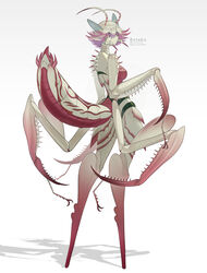  absurdres antennae arthropod_girl closed_mouth colored_sclera colored_skin extra_arms female from_behind full_body grey_sclera highres looking_at_viewer mantis_girl monster_girl no_feet original pink_eyes pink_hair ruteko_(ruko220) short_hair simple_background solo tail twitter_username white_background white_hair white_skin 