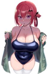  alternate_breast_size bare_shoulders bat_hair_ornament black_one-piece_swimsuit blush breasts cleavage collarbone commentary_request covered_navel female gabriel_dropout greatmosu hair_ornament hair_rings highres large_breasts long_hair looking_at_viewer one-piece_swimsuit open_mouth purple_eyes red_hair satanichia_kurumizawa_mcdowell school_swimsuit simple_background solo standing swimsuit thighhighs thighs white_background white_thighhighs 