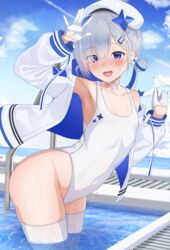  adapted_costume amane_kanata amane_kanata_(work) armpits blue_eyes blue_hair blue_sky blush breasts cloud collarbone commentary covered_navel eyes_visible_through_hair female gloves grey_hair hair_over_one_eye half_gloves hands_up highleg highleg_swimsuit highres hololive jacket leaning_forward long_hair long_sleeves looking_at_viewer multicolored_hair official_alternate_costume one-piece_swimsuit open_clothes open_jacket open_mouth outdoors pink_hair short_hair sky small_breasts smile solo streaked_hair swimsuit teeth thighhighs tojo_aoi upper_teeth_only virtual_youtuber wading wet white_gloves white_headwear white_jacket white_one-piece_swimsuit white_thighhighs 