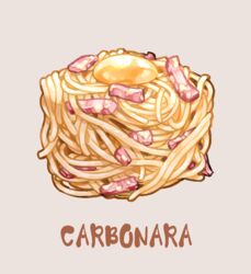  bacon carbonara_(food) commentary_request cube egg_yolk english_text food food_focus grey_background no_humans original pasta pork saino_misaki simple_background spaghetti 