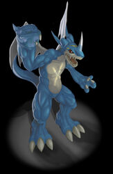  2011 3_fingers absurd_res ambiguous_gender anthro bandai_namco big_claws big_feet big_hands big_muscles blade_horn blue_body blue_scales claws colored detailed digimon digimon_(species) exveemon facial_horn feet fingers fist gold_markings hi_res horn jagged_mouth looking_at_viewer markings mearns multicolored_body muscular muscular_anthro nose_horn open_mouth red_eyes scales scalie shaded sharp_teeth simple_background solo spotlight teeth tongue two_tone_body wings 