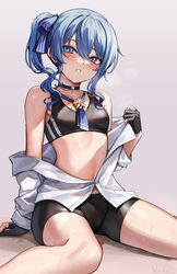  alternate_costume artist_name bare_shoulders bike_shorts black_sports_bra blue_eyes blue_hair blush choker collared_shirt female flat_chest gloves hair_between_eyes hair_ribbon highres hololive hoshimachi_suisei looking_at_viewer medium_hair midriff navel necktie partially_fingerless_gloves partially_undressed revision ribbon shirt side_ponytail simple_background sitting solo sports_bra star_(symbol) star_in_eye stomach sweat symbol_in_eye undressing virtual_youtuber wszkii 