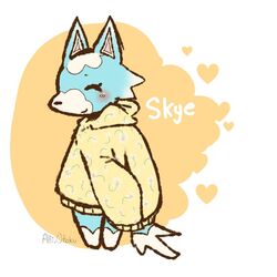  1:1 alliotaku animal_crossing anthro blue_body blue_fur blush canid canine canis closed_eyes clothed clothing female fur heart_symbol mammal multicolored_body multicolored_fur nintendo oversized_clothing oversized_sleeves oversized_sweater oversized_topwear signature simple_background skye_(animal_crossing) smile solo sweater text topwear two_tone_body two_tone_fur white_body white_fur wolf 