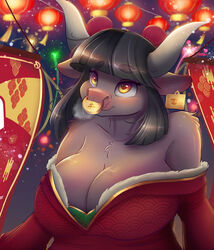  2021 absurd_res anthro ardail asian_clothing banner big_breasts big_horn black_hair bovid bovine breasts cattle chinese_clothing chinese_dress chinese_new_year chinese_text chinese_zodiac clothed clothing dress ear_piercing east_asian_clothing eyebrows facial_piercing female fireworks fur fur_lined_clothing grey_body grey_fur hair hi_res hime_cut holidays horn lamp lantern looking_up mammal night nose_piercing outside piercing red_clothing red_dress red_lantern_(object) smile solo text thick_eyebrows white_horn year_of_the_ox yellow_eyes 