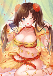  ;d blue_eyes breasts bridal_garter brown_hair choker earrings fate/grand_order fate_(series) female flower hair_flower hair_ornament highres hoop_earrings jewelry large_breasts long_hair mata_hari_(fate) midriff navel one_eye_closed open_mouth pika_mouse puffy_short_sleeves puffy_sleeves red_flower short_sleeves sitting smile solo twintails wariza 