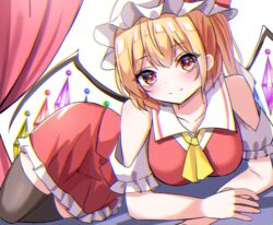  blonde_hair blush bow breasts crystal female flandre_scarlet hat hat_ribbon highres kiui_(dagk8254) looking_at_viewer medium_breasts medium_hair mob_cap one_side_up puffy_short_sleeves puffy_sleeves red_bow red_eyes red_ribbon red_skirt red_vest ribbon shirt short_hair short_sleeves skirt solo touhou vest white_shirt wings 