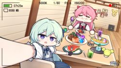  2girls :o ai-chan_(honkai_impact) bangs black_gloves blue_dress blue_eyes blurry blurry_background bow cabbage camera clock closed_mouth crystal dress eating floor food fork fruit glass gloves hair_between_eyes hairbow highres holding holding_fork holding_knife honkai_(series) honkai_impact_3rd indoors juice knife liliya_olenyeva long_hair looking_at_viewer multiple_girls murata_himeko official_art open_mouth outstretched_arm photo_(object) pinafore_dress pink_hair plate raiden_mei raven_(honkai_impact_3rd) red_dress rozaliya_olenyeva selfie shirt short_sleeves siblings table twins viewfinder wall watermelon white_shirt 