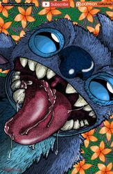  2023 alien ambiguous_gender black_eyes blue_body blue_fur blue_nose bodily_fluids craftyandy disney experiment_(lilo_and_stitch) floral_background flower fur hi_res lilo_and_stitch male_(lore) mouth_shot narrowed_eyes open_mouth open_smile patreon patreon_logo plant saliva signature smile solo stitch_(lilo_and_stitch) subscribe_button text tongue tongue_out url uvula youtube youtube_logo 