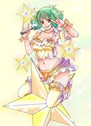  camisole detached_sleeves female frilled_camisole frilled_thighhighs frills green_hair macross macross_frontier microphone midriff puffy_short_sleeves puffy_sleeves ranka_lee red_eyes ribbon seikan_hikou short_hair short_sleeves smile solo star_(symbol) straddling tamakoshi_horiyuki thighhighs wrist_ribbon 