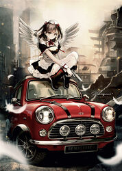  apron black_dress black_footwear black_hair boots bow breasts building car cleavage closed_mouth commentary_request desert_eagle dress feathered_wings female frilled_apron frills green_eyes gun handgun hat holding holding_gun holding_weapon looking_at_viewer medium_breasts mini_cooper mini_hat motor_vehicle multicolored_hair on_vehicle original pierorabu puffy_short_sleeves puffy_sleeves red_bow red_car ruins short_sleeves signature solo thighhighs thighhighs_under_boots two-tone_hair vehicle_focus weapon white_apron white_hat white_thighhighs white_wings wings wrist_cuffs 