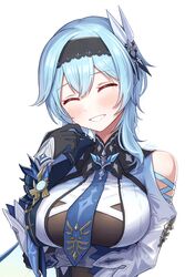  ^_^ absurdres arm_under_breasts black_gloves black_hairband blue_cape blue_hair blue_necktie blush breasts cape center_opening chest_harness clenched_teeth closed_eyes clothing_cutout eula_(genshin_impact) facing_viewer female genshin_impact giggling gloves hair_between_eyes hair_ornament hairband hand_over_face harness head_tilt highres large_breasts long_sleeves medium_hair necktie see-through see-through_cutout shoulder_cutout sidelocks simple_background smile solo taro_(peach_taro51) teeth upper_body vision_(genshin_impact) white_background white_sleeves wide_sleeves 