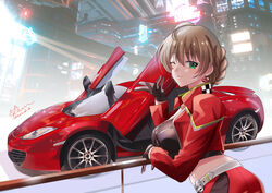  ahoge belt black_gloves blowing_kiss braid breasts brown_hair car crop_top dated earrings female gloves green_eyes hair_between_eyes hand_up heart heart_earrings idolmaster idolmaster_million_live! idolmaster_million_live!_theater_days jewelry kevn large_breasts long_sleeves mclaren_mp4-12c midriff motor_vehicle navel one_eye_closed railing sakuramori_kaori short_hair solo vehicle_focus 