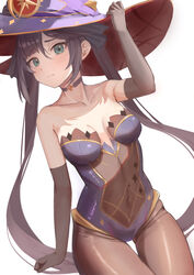  absurdres bare_shoulders black_gloves black_hair blue_leotard blush breasts choker closed_mouth collarbone elbow_gloves female genshin_impact gloves gold_trim green_eyes hanamaru_tsubaki hat highres leotard long_hair looking_at_viewer medium_breasts mona_(genshin_impact) pantyhose solo strapless strapless_leotard thigh_gap twintails witch_hat 