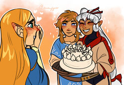  1boy 2girls absurdres armor blonde_hair blue_eyes brown_eyes cake champion&#039;s_tunic_(zelda) commentary crossed_arms english_commentary eye_symbol facial_mark food forehead_mark highres hylian_crest hyrule_warriors:_age_of_calamity impa link multiple_girls ponytail princess_zelda sheikah snowylynxx the_legend_of_zelda the_legend_of_zelda:_breath_of_the_wild white_hair 