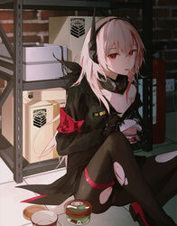  absurdres armband bandana black_bandana black_pantyhose blonde_hair box cardboard_box commentary cuts eating female food girls&#039;_frontline griffin_&amp;_kryuger headgear highres ice_cream ice_cream_cup ice_cream_spoon injury long_hair long_sleeves looking_at_viewer lunaplum m4_sopmod_ii_(girls&#039;_frontline) mechanical_hands mint_chocolate mouth_hold multicolored_hair off_shoulder opening panties panties_under_pantyhose pantyhose photoshop_(medium) red_eyes shelf sitting solo spoon storage_room streaked_hair torn_clothes torn_pantyhose underwear 