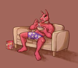  4_toes absurd_res anthro bandage barefoot boxers_(clothing) camelid cereal cereal_box clothing cutlery eating eating_food epic_games fabio_sparklemane feet food fortnite fur furniture hi_res jockpossum kitchen_utensils llama looking_away lt._john_llama male mammal on_sofa open_mouth pinata pink_body pink_fur resting resting_arm sitting sitting_on_sofa sofa solo spoon spread_legs spreading toes tools underwear wool_(fur) 