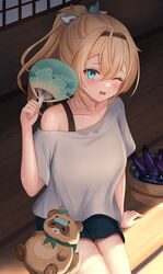  absurdres alternate_costume aqua_eyes blonde_hair blush collarbone eggplant fanning_self female hair_between_eyes hair_ornament hair_scarf hairband hand_fan highres hololive hot kazama_iroha leaf_hair_ornament long_bangs looking_at_viewer off_shoulder one_eye_closed open_mouth ponytail porch shade shirt shouhaku0512 shouji sidelocks sliding_doors summer sunlight sweat sweat_stain sweaty_clothes t-shirt tanuki thighs underwear virtual_youtuber white_shirt 