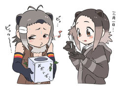  2girls american_beaver_(kemono_friends) animal_ears antenna_hair appleq bare_shoulders beaver_ears black_gloves black_hair black_necktie blush_stickers breasts brown_eyes brown_hair brown_jacket cleavage collared_shirt commentary_request cropped_torso eighth_note elbow_gloves eurasian_beaver_(kemono_friends) forehead fur_collar gloves grey_hair hair_ornament hairclip half-closed_eyes highres holding jacket kemono_friends multicolored_hair multiple_girls musical_note necktie open_clothes open_jacket puckered_lips shirt short_eyebrows simple_background sleeveless sleeveless_jacket small_breasts sweat thick_eyebrows translation_request two-tone_hair upper_body whistling white_background white_shirt 