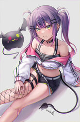  :d asymmetrical_legwear bandaid bat_(animal) bibi_(tokoyami_towa) blush breasts choker cleavage cropped_jacket demon_tail ear_piercing female fishnet_thighhighs fishnets green_eyes highres hololive long_hair looking_at_viewer multicolored_hair navel navel_piercing piercing pink_hair purple_hair shorts sidelocks simple_background sitting small_breasts smile solo streaked_hair tail thighhighs tokoyami_towa tokoyami_towa_(1st_costume) twintails virtual_youtuber white_background wszkii 