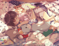  1boy bag bed bed_sheet bedroom blanket book chips_(food) closed_eyes coloring_book food game_console handheld_game_console indoors lying male_focus marker midriff midriff_peek navel on_bed on_side open_bag open_book original pajamas pajamas_pull rushichi_777 short_hair sleeping solo stuffed_animal stuffed_rabbit stuffed_toy teddy_bear under_covers 