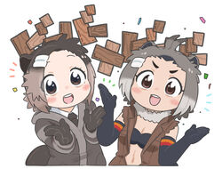  2girls :d american_beaver_(kemono_friends) animal_ear_fluff animal_ears antenna_hair appleq beaver_ears black_gloves black_jacket black_necktie blush_stickers breasts brown_eyes brown_jacket cleavage collared_shirt commentary_request confetti elbow_gloves eurasian_beaver_(kemono_friends) forehead gloves grey_hair hair_ornament hairclip highres jacket kemono_friends looking_at_viewer multiple_girls necktie shirt short_eyebrows short_hair shrugging simple_background sleeveless sleeveless_jacket small_breasts smile thick_eyebrows translation_request v-shaped_eyebrows white_background white_shirt 