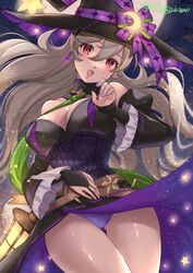  ass_visible_through_thighs bare_shoulders black_dress breasts bridal_gauntlets cleavage clothes_lift corrin_(female)_(fire_emblem) corrin_(female)_(halloween)_(fire_emblem) corrin_(fire_emblem) crescent crescent_hat_ornament dress female fire_emblem fire_emblem_fates fire_emblem_heroes green_sash halloween halloween_costume hat hat_ornament lantern long_hair medium_breasts nail_polish official_alternate_costume open_mouth panties pointy_ears purple_nails purple_panties purple_ribbon red_eyes ribbon sash skirt skirt_lift snow20200 solo star_(symbol) star_hat_ornament thighs underwear upskirt very_long_hair watermark white_hair witch witch_hat 