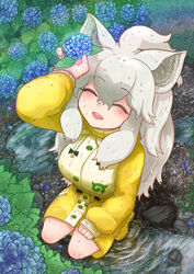  :d ^_^ absurdres animal_ears arm_rest arm_up bad_id bad_pixiv_id boots buttons closed_eyes commentary day female flower from_above full_body grey_hair hair_between_eyes hand_rest highres holding holding_flower hydrangea japari_symbol kemono_friends knee_boots komeiponkiti lion_ears long_hair long_sleeves open_mouth outdoors puddle rain raincoat rubber_boots smile solo water water_drop wet wet_clothes wet_face wet_hair white_lion_(kemono_friends) yellow_raincoat 