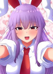  :d animal_ears blush breasts commentary female foreshortening fusu_(a95101221) hair_between_eyes incoming_hug large_breasts looking_at_viewer necktie open_mouth pov pov_adoring rabbit_ears reaching reaching_towards_viewer red_eyes red_necktie reisen_udongein_inaba shirt short_sleeves simple_background smile solo speech_bubble touhou white_background white_shirt 