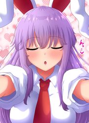  :o animal_ears blush breasts closed_eyes commentary facing_viewer female fusu_(a95101221) hair_between_eyes incoming_kiss large_breasts necktie open_mouth pov puckered_lips rabbit_ears red_necktie reisen_udongein_inaba shirt short_sleeves simple_background solo speech_bubble touhou translated white_background white_shirt 