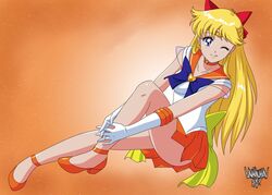  ;p absurdres aino_minako anime_coloring back_bow bad_id bad_twitter_id bishoujo_senshi_sailor_moon bishoujo_senshi_sailor_moon_supers blonde_hair blue_bow blue_eyes bow choker commentary danmakuman elbow_gloves english_commentary female full_body gloves hairbow high_heels highres itou_ikuko_(style) leotard long_hair looking_at_viewer magical_girl miniskirt one_eye_closed orange_background orange_choker orange_footwear orange_sailor_collar orange_skirt pleated_skirt red_bow sailor_collar sailor_senshi_uniform sailor_venus signature sitting skirt smile solo star_(symbol) star_choker super_sailor_venus tongue tongue_out white_gloves white_leotard yellow_bow 