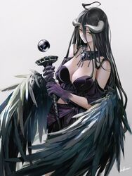  ahoge albedo_(overlord) artist_name bare_shoulders black_hair black_wings breasts cleavage closed_mouth demon_girl demon_horns dress feathered_wings female ginnungagap_(overlord) gloves hair_between_eyes highres holding horns infukun jewelry large_breasts long_hair looking_at_viewer low_wings necklace off-shoulder_dress off_shoulder orb overlord_(maruyama) purple_dress purple_gloves signature simple_background slit_pupils smile solo usekh_collar very_long_hair white_background white_horns wings yellow_eyes 