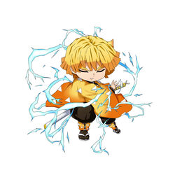  1boy agatsuma_zenitsu black_pants black_socks blonde_hair chibi closed_eyes commentary_request demon_slayer_uniform electricity eyebrows_hidden_by_hair facing_viewer fighting_stance gradient_jacket haori highres jacket japanese_clothes katana kimetsu_no_yaiba kuena male_focus open_clothes pants parted_lips print_jacket puffy_pants ready_to_draw sandals sheath sheathed socks solo sword thick_eyebrows triangle_print weapon white_background white_footwear zouri 