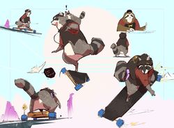  2021 anthro beanie bernie_burr bottomless brown_body brown_fur clothed clothing fur grey_body grey_fur hat headgear headwear hi_res hybrid mammal music_player outside pilosan skateboard skateboarding sloth tanuki_sunset vehicle xenarthran 