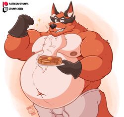  2023 anthro anthrofied belly biceps big_belly big_moobs bottomwear butter clothed clothing dairy_products eyebrows food fur generation_8_pokemon gloves handwear hi_res holding_food holding_object holding_plate looking_at_viewer male moobs musclegut muscular muscular_anthro muscular_male navel nintendo nipples obese obese_anthro obese_male overweight overweight_anthro overweight_male pancake pants patreon plate pokemon pokemon_(species) pokemorph simple_background smile solo standing star stompsyeen sweatpants syrup teeth text thievul topless topless_anthro topless_male tuft twitch.tv url white_background 